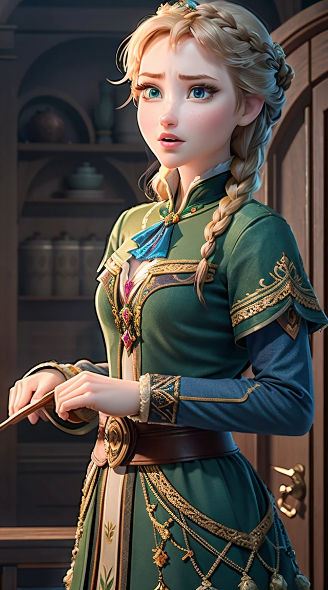 Photo of Anna of Arendelle as a maestro, maestro, maestro clothes, mini dress, Anna from Disney's Frozen movie, high and sexy, magnificent face, perfect body, provocative, beautiful, show breasts, huge breasts, high, sexy legs, bursting huge breasts, Wide hips, busty, sexy, huge breasts, happy, full body view.