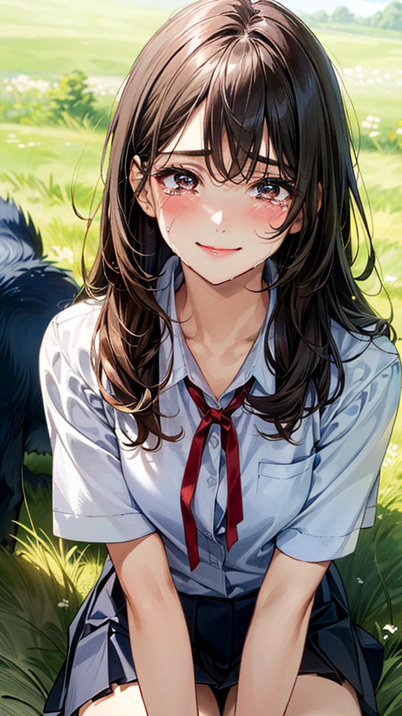(masterpiece:1.2, top-quality), (realistic, photorealistic:1.4), beautiful illustration, (natural side lighting, movie lighting), 
looking at viewer, cowboy shot, front view:0.6, 1 girl, japanese, high school girl, perfect face, cute and symmetrical face, shiny skin, 
(long hair:1.8, straight hair:1.7, light brown hair), parted bangs, emerald green eyes, long eye lasher, (large breasts:0.9, thick thighs), 
beautiful hair, beautiful face, beautiful detailed eyes, beautiful clavicle, beautiful body, beautiful chest, beautiful thigh, beautiful legs, beautiful fingers, 
(A girl is on all fours in a grassy field. A girl is carrying a large dog on her back.)A complete body. Full hands and legs. 
(The woman is on all fours with a large dog on her back.) Perfect body.
Her nipples are standing even on her shirt. （The skirt is shorter than normal, but even shorter, so short that you can almost see her panties.)The girl has brown hair.

(The skirt is extremely short.) The girl's hair is brown.