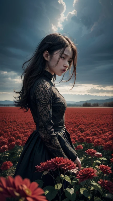 Official Art, unity wallpaper 8k, ultra detailed, beautiful and aesthetic, Masterpiece, Best Quality, (zenplot, mandala, plot, enplot), (Fractal Art:1.3) , 1 girl of 25 years, Red flowers,  extremely detailed, dynamic angle, cowboy shot, the most beautiful form of chaos, elegant, a brutalist designed, vivid colors, romance, By James Jean, Roby Dwi Antono, Rosa Tran, Francis Bacon, it was very cold, genius adrian, petra corright, Gerhard Richter, Takato Yamamoto, madera ashley, atmospheric