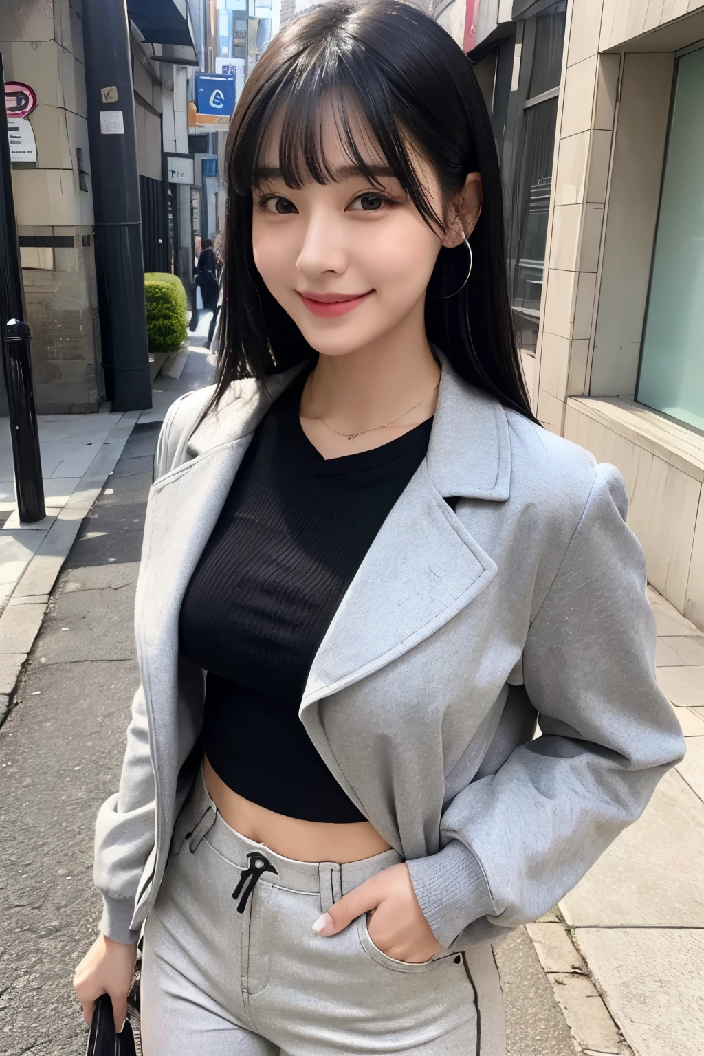 Cute Woman、Black Hair、Blunt bangs、smile、Big breast 、Sexy body、Grey jacket(White scoop neck T-shirt)、Grey long pants、standing in the street