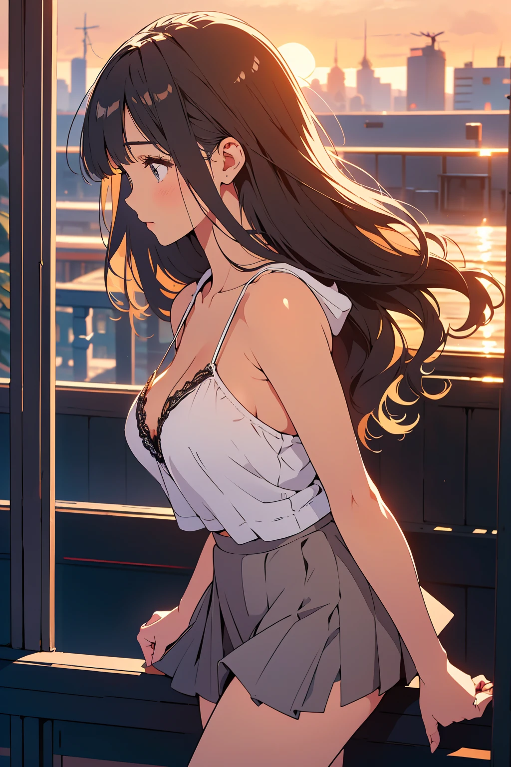 Photorealistic, high quality, ultra-high resolution photo, exquisitely beautiful photo, breathtaking beauty, flawless, glossy highlights on cheeks, perfect body, biologically accurate limbs, cute, beautiful facial features, beautiful bangs, glowing white skin, natural skin texture, bangs, parted in the middle, beautiful shiny hair, smooth hair, thin hair, beautiful bangs, glowing white skin, natural skin texture, bangs, parted in the middle, beautiful shiny hair, smooth hair, thin hair, (large breasts: 1.3), focus on the whole body, profile photo: 1.1, from the side, (taken with a camera on the go), innocent woman, 20s, 1 person, (hooded hoodie), (camisole, tulle skirt), (thighs), (adult white panties), (exposing buttocks, model-like legs), (skirt and hair fluttering in the wind), gray wavy hair, long hair, city, natural light, retro cityscape, golden hour, retro colors, (profile of a woman standing towards the sunset)
