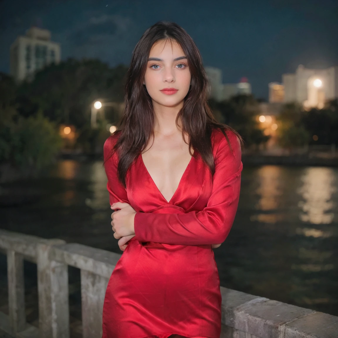  Selfie shot of Beautiful brunette with athletic figure with blonde highlights with blue eyes wearing a sexy red silky dress, upper body, solo, wearing red pullover, outdoors, (night time), mountains, real life nature, stars, moon, highly detailed, 22 years old, , , innocent face, natural wavy hair, blue eyes, high resolution, Masterpiece, Best quality, Intricate high detail, Highly detailed, Sharp focus, Detailed skin, realistic skin texture, texture, detailed eyes, professional, 4k, charming smile, shot on Canon, 85mm, shallow depth of field, Kodak Vision Color, Perfect Fit Body , extremely detailed, photography_\(ultra\), Photorealistic, Realistic, Post-processing, maximum details, roughness, real life, ultra realistic, Photorealism, photography, 8k UHD, photography, bustyBelle brune portant un pull beige (in miami at night), Very detailed, 21 ans, visage innocent, natural wavy hair, yeux bleus, High resolution, Masterpiece, Best quality, Intricate details, highly detailed, sharp focus, detailed skin, realistic skin texture, texture, detailed eyes, professional, 4K, sourire charmant, filmed in Canon,  85 mm, faible profondeur de champ, Couleur Kodak Vision, perfect fit body, Extremely detailed, photographier_\(ultra\), photoreallistic, Realstic, Post-traitement, maximum details, roughness, real life, ultra realist, photorealism, photographie, 8K UHD, (((Thick figure))), (((Hourglass figure))), ((( Figure hugging one piece red silk dress )))