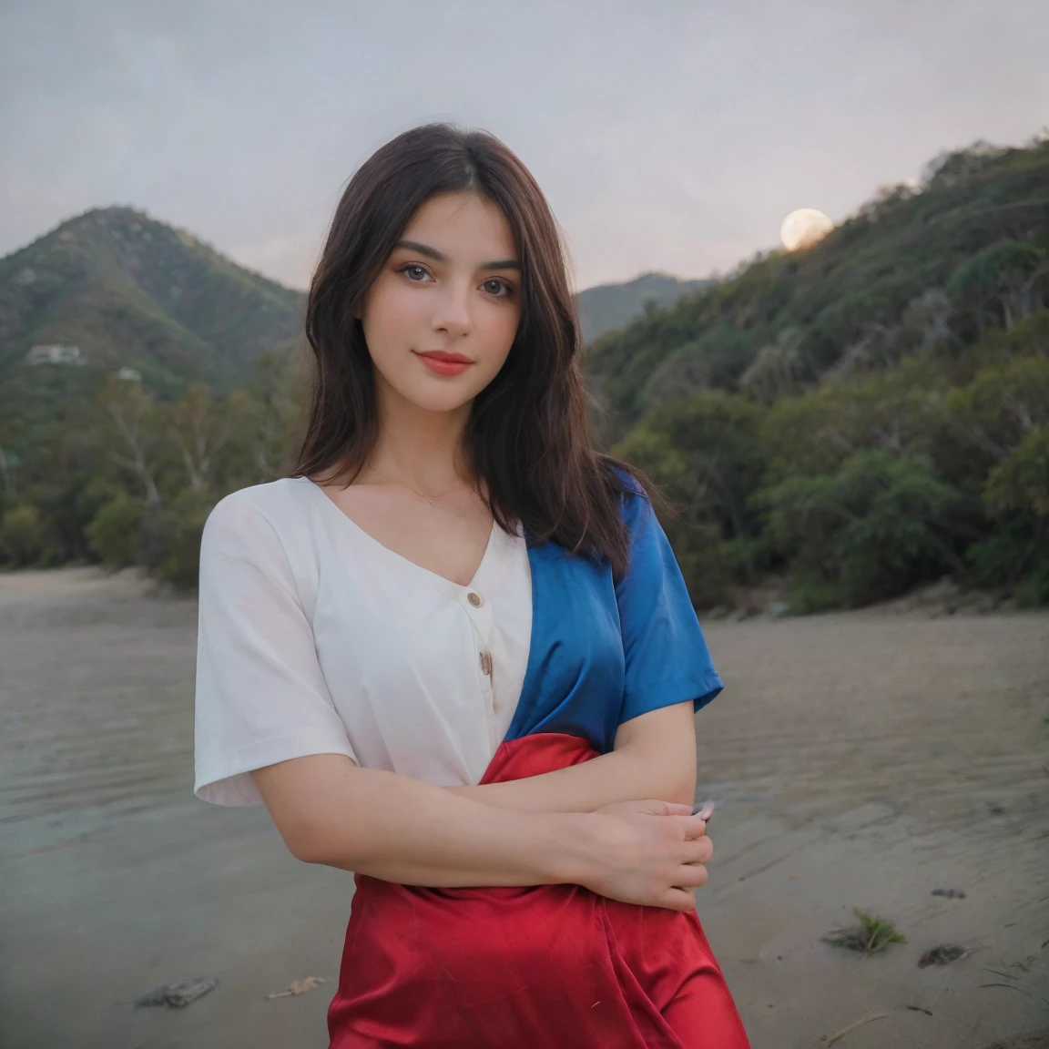  Selfie shot of Beautiful brunette with athletic figure with blonde highlights with blue eyes wearing a sexy red silky dress, upper body, solo, wearing red pullover, outdoors, (night time), mountains, real life nature, stars, moon, highly detailed, 22 years old, , , innocent face, natural wavy hair, blue eyes, high resolution, Masterpiece, Best quality, Intricate high detail, Highly detailed, Sharp focus, Detailed skin, realistic skin texture, texture, detailed eyes, professional, 4k, charming smile, shot on Canon, 85mm, shallow depth of field, Kodak Vision Color, Perfect Fit Body , extremely detailed, photography_\(ultra\), Photorealistic, Realistic, Post-processing, maximum details, roughness, real life, ultra realistic, Photorealism, photography, 8k UHD, photography, bustyBelle brune portant un pull beige (in miami at night), Very detailed, 21 ans, visage innocent, natural wavy hair, yeux bleus, High resolution, Masterpiece, Best quality, Intricate details, highly detailed, sharp focus, detailed skin, realistic skin texture, texture, detailed eyes, professional, 4K, sourire charmant, filmed in Canon,  85 mm, faible profondeur de champ, Couleur Kodak Vision, perfect fit body, Extremely detailed, photographier_\(ultra\), photoreallistic, Realstic, Post-traitement, maximum details, roughness, real life, ultra realist, photorealism, photographie, 8K UHD, (((Thick figure))), (((Hourglass figure))), ((( Figure hugging one piece red silk dress )))
