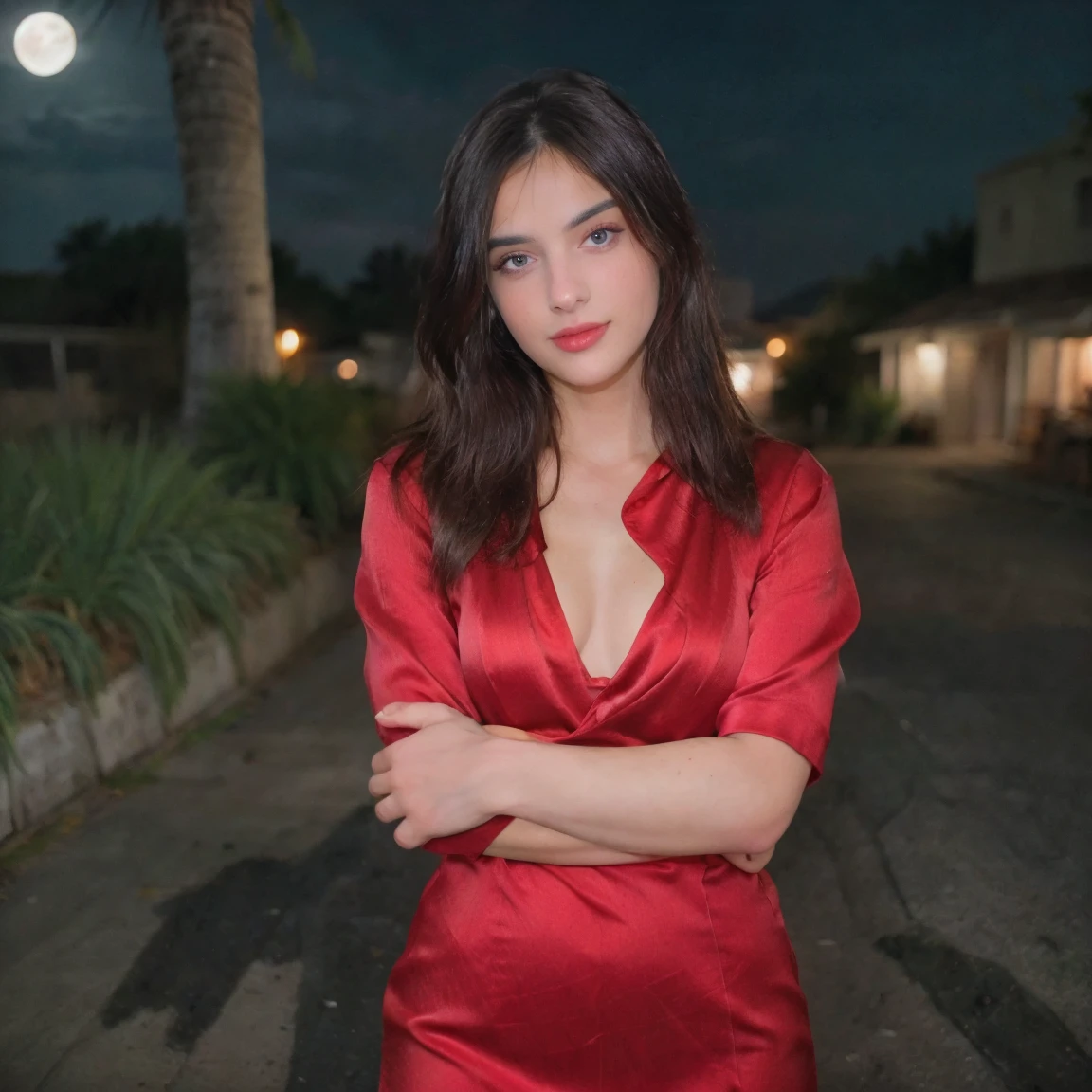 Selfie shot of Beautiful brunette with athletic figure with blonde highlights with blue eyes wearing a sexy red silky dress, upper body, solo, wearing red pullover, outdoors, (night time), mountains, real life nature, stars, moon, highly detailed, 22 years old, , , innocent face, natural wavy hair, blue eyes, high resolution, Masterpiece, Best quality, Intricate high detail, Highly detailed, Sharp focus, Detailed skin, realistic skin texture, texture, detailed eyes, professional, 4k, charming smile, shot on Canon, 85mm, shallow depth of field, Kodak Vision Color, Perfect Fit Body , extremely detailed, photography_\(ultra\), Photorealistic, Realistic, Post-processing, maximum details, roughness, real life, ultra realistic, Photorealism, photography, 8k UHD, photography, bustyBelle brune portant un pull beige (in miami at night), Very detailed, 21 ans, visage innocent, natural wavy hair, yeux bleus, High resolution, Masterpiece, Best quality, Intricate details, highly detailed, sharp focus, detailed skin, realistic skin texture, texture, detailed eyes, professional, 4K, sourire charmant, filmed in Canon, 85 mm, faible profondeur de champ, Couleur Kodak Vision, perfect fit body, Extremely detailed, photographier_\(ultra\), photoreallistic, Realstic, Post-traitement, maximum details, roughness, real life, ultra realist, photorealism, photographie, 8K UHD, (((Thick figure))), (((Hourglass figure))), ((( Figure hugging one piece red silk dress )))