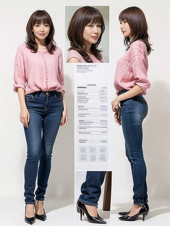 Detailed character sheet, Front view, Side view, Oblique view, with a white returnground, show women, 30 years old, with short dark brown hair combed return, Light casual clothing, Wearing tight denim jeans. The seat includes different angles, Front desk etc.., return, and Side views, Model and Reference Sheets, Full body painting. The ratio is based on 7.5 Head Scale.