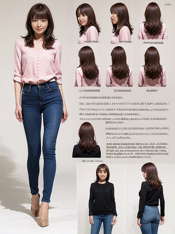 Detailed character sheet, Front view, Side view, Oblique view, with a white returnground, show women, 30 years old, with short dark brown hair combed return, Light casual clothing, Wearing tight denim jeans. The seat includes different angles, Front desk etc.., return, and Side views, Model and Reference Sheets, Full body painting. The ratio is based on 7.5 Head Scale.