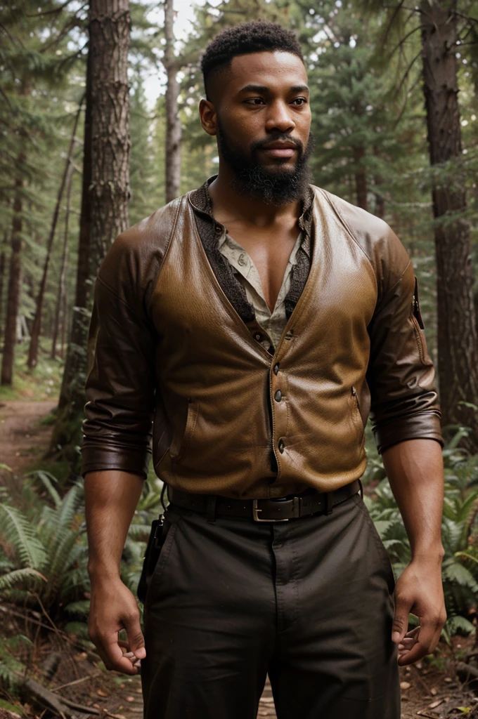 Create a high-quality and realistic image of a young black man with short hair and an imposing beard. He should have a determined smile and fierce, penetrating golden eyes, dressed in adventurer-style clothing reminiscent of Indiana Jones, with leather details and utility accessories. The young man should have an athletic body and be in a wilderness setting, with dense vegetation and natural elements in the background. Use detailed textures for the skin, hair, beard, and clothing of the young man. Specify a cinematic lens with a shallow depth of field to focus on the young man and create a blurred background that highlights the wilderness setting. Use natural and realistic lighting to enhance the features of the young man and the atmosphere of the environment. Negative prompts: no body deformities, no unnatural proportions, no low-quality textures, no unrealistic lighting.