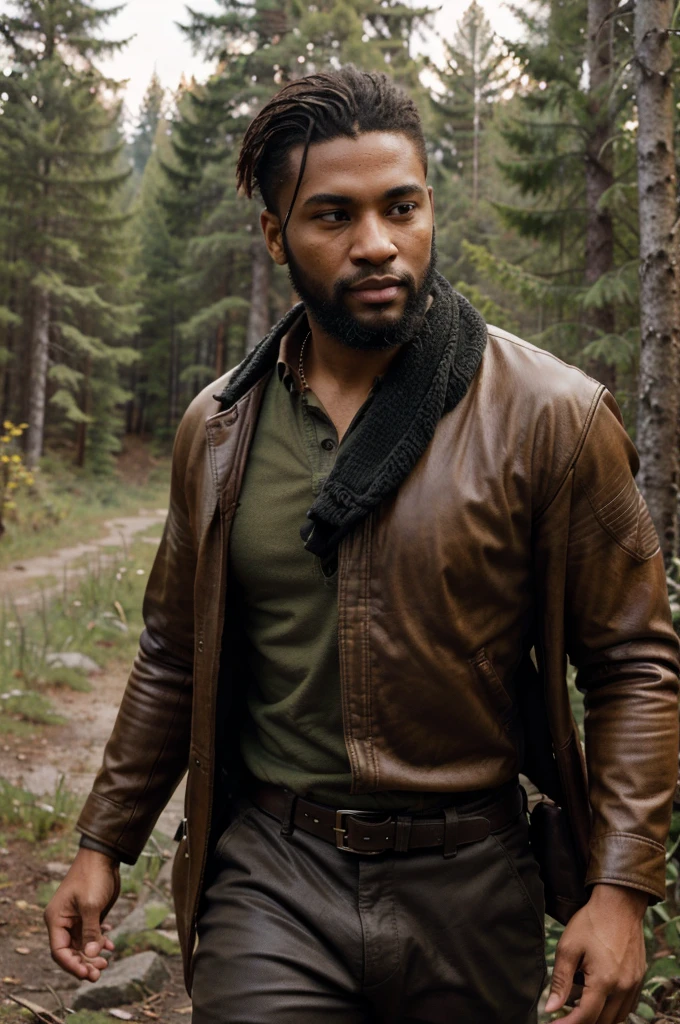 Create a high-quality and realistic image of a young black man with short hair and an imposing beard. He should have a determined smile and fierce, penetrating golden eyes, dressed in adventurer-style clothing reminiscent of Indiana Jones, with leather details and utility accessories. The young man should have an athletic body and be in a wilderness setting, with dense vegetation and natural elements in the background. Use detailed textures for the skin, hair, beard, and clothing of the young man. Specify a cinematic lens with a shallow depth of field to focus on the young man and create a blurred background that highlights the wilderness setting. Use natural and realistic lighting to enhance the features of the young man and the atmosphere of the environment. Negative prompts: no body deformities, no unnatural proportions, no low-quality textures, no unrealistic lighting.