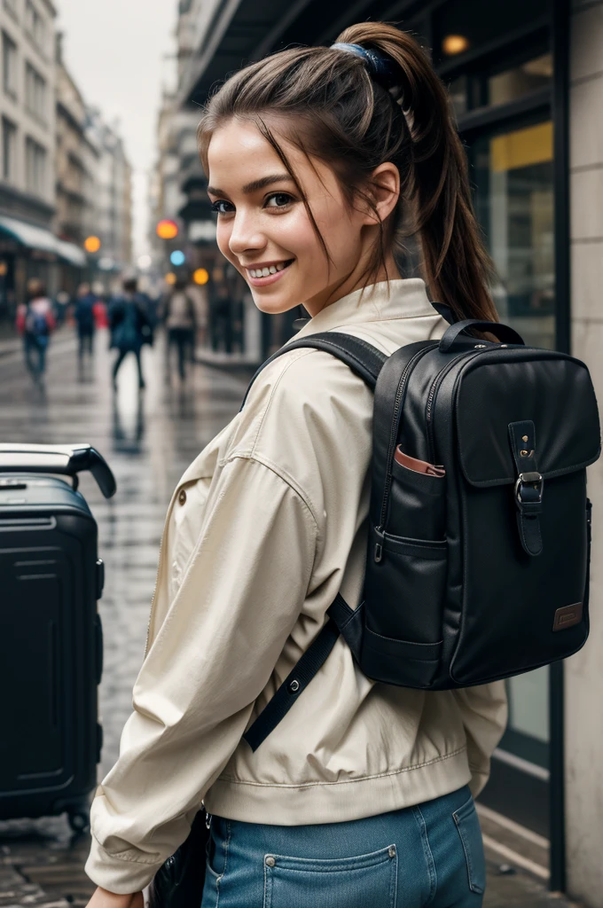 fashion style, masterpiece, best quality, 8k, artstation, sharp focus, (ultrarealistic:1.5), (high details:1.4), a photo of a young woman, street smiling, backpack, travel bag in hand,well dressed,ponytails, faded, complex stuff around, intricate background, soaking wet, (Cinematic:1.4...