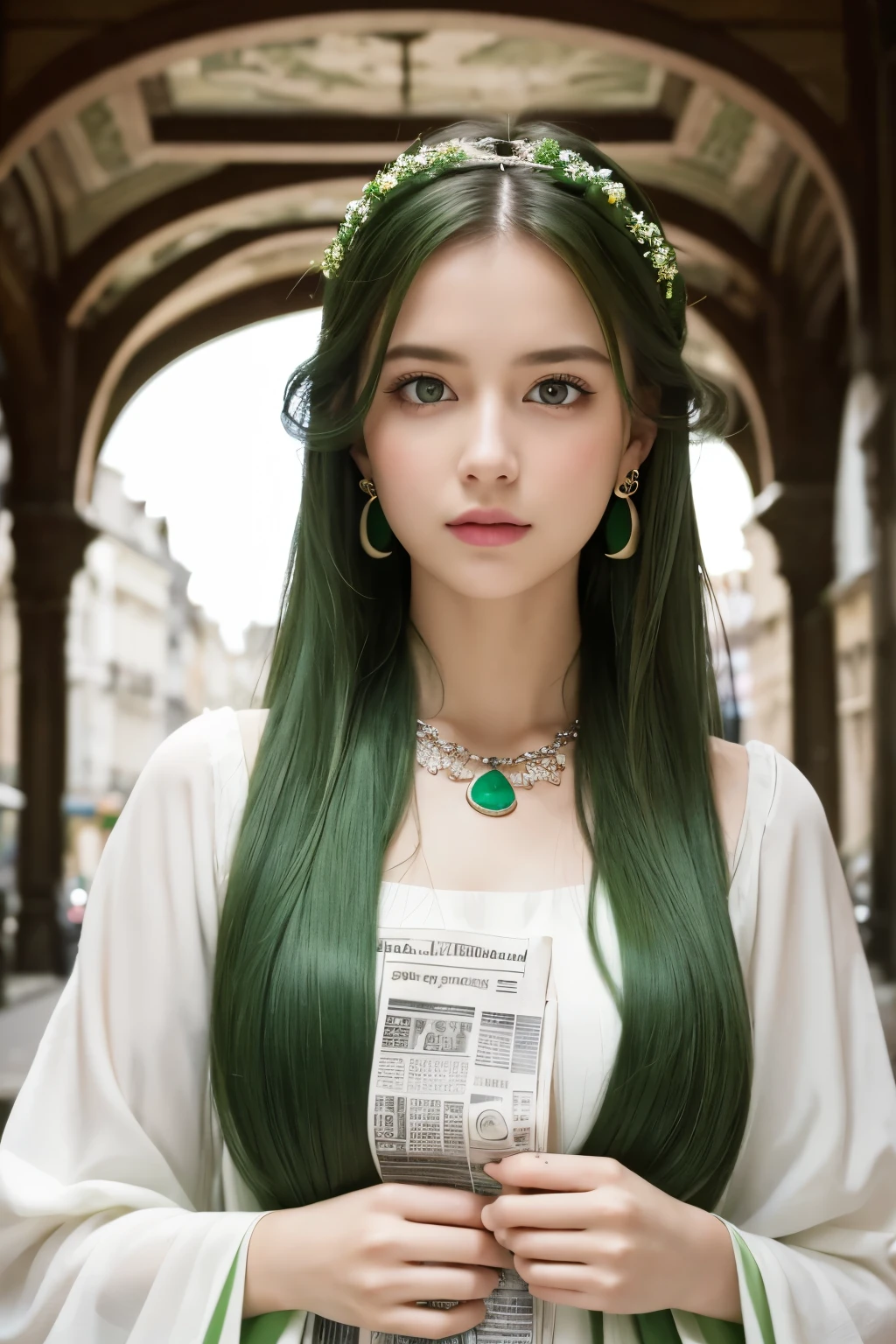 1 Girl,Captivating eyes,Stubborn,(white|green|cool_Long Hair),jewelry,Earrings, necklace,{beauty}, Newspaper wall,European atmosphere,Medium chest,Baptized costume,Alluring,Very detailedな, 8k wallpaper, Very detailed, Highest quality,fashionable,Emotional,intellectual
