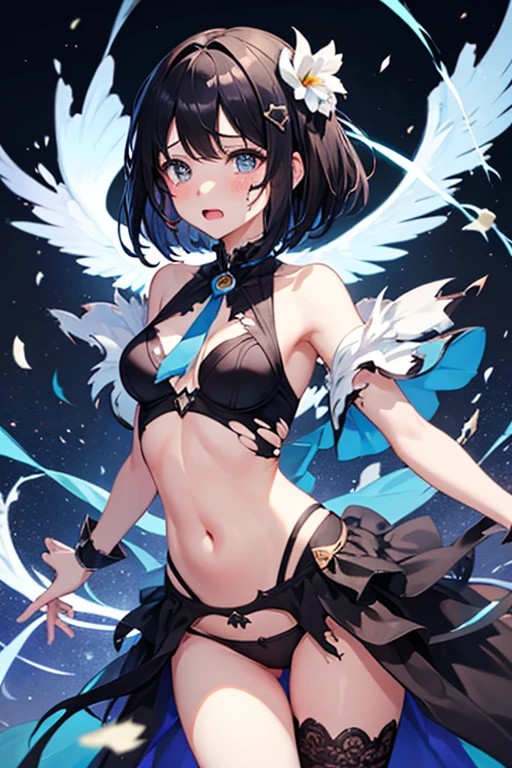 Highest quality、Black Hair、Iris、short hair、girl、cute、、、Small hair ornament、1 person、Solo Sexy Magical Girl ,Magical Dress, Idol Dress, Combat Uniform, ,Colorful Palette Dress, , breast focus , (Badly torn clothes:1.3),(Completely torn clothes:1.3), tie, Apply blush all over the face, Dynamic pose:1.5,shout, surprised, Belly button, Bare shoulders, Ample breasts, {{{Small breasts}}},Open clothes, Torn panties, Contempt , Black Hair, ,tears:0.9