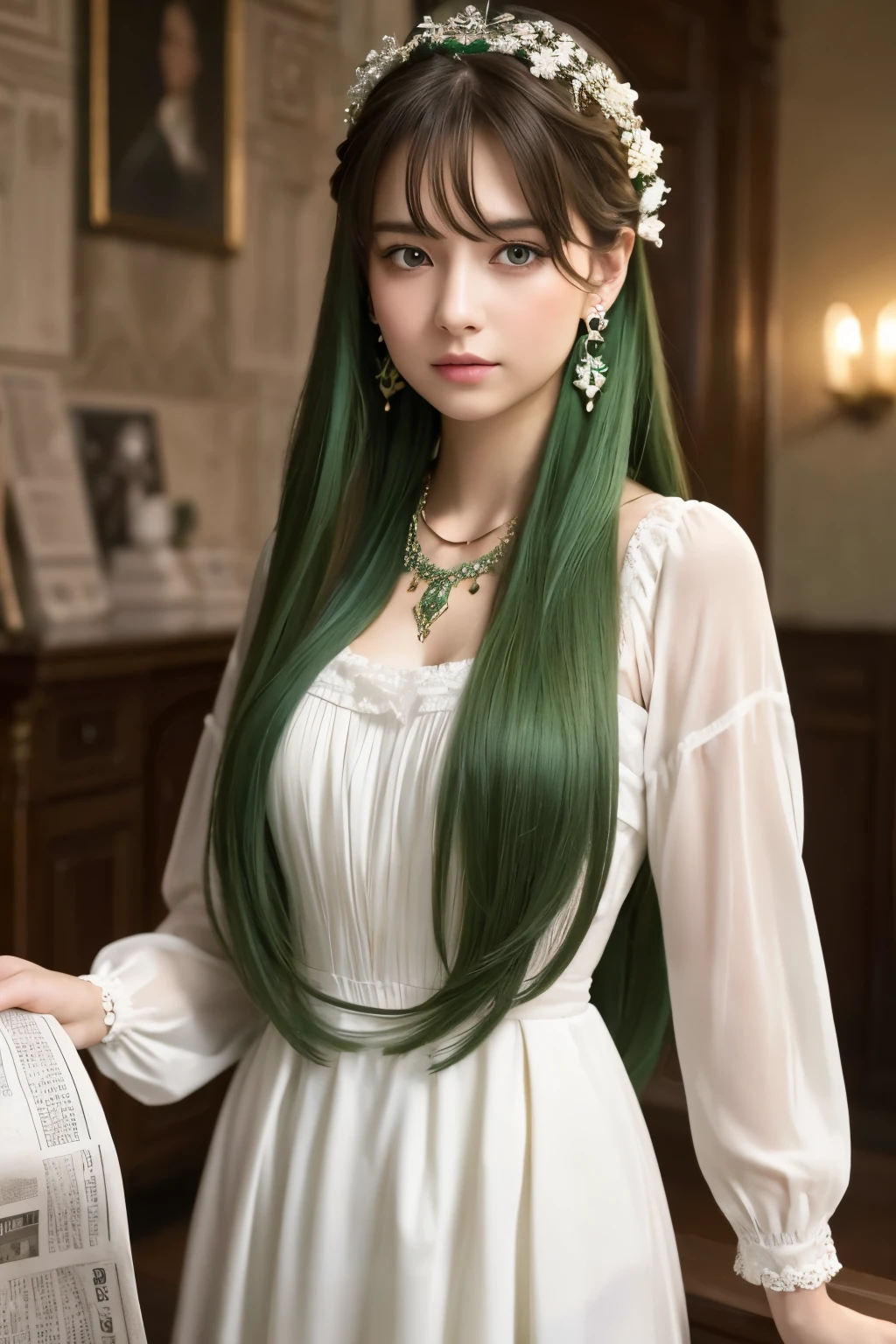 1 Girl,Captivating eyes,Stubborn,(white|green|cool_Long Hair),jewelry,Earrings, necklace,{beauty}, Newspaper wall,European atmosphere,Medium chest,Baptized costume,Alluring,Very detailedな, 8k wallpaper, Very detailed, Highest quality,fashionable,Emotional,intellectual
