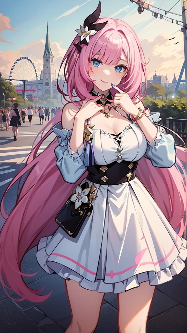 Masterpiece, Super Detail, High Quality, 8K, top quality, one girl, alone, looking at viewer, bangs, elisia, honkai impact, pink hair, light blue eyes, long hair, manicure, hair ornament, pink summer dress, holding up hand, flower, blunt bangs, charming smile, tassel, colorful, amusement park background, ruffles, multi colored hair, ((Above the knees image standing)), nails
