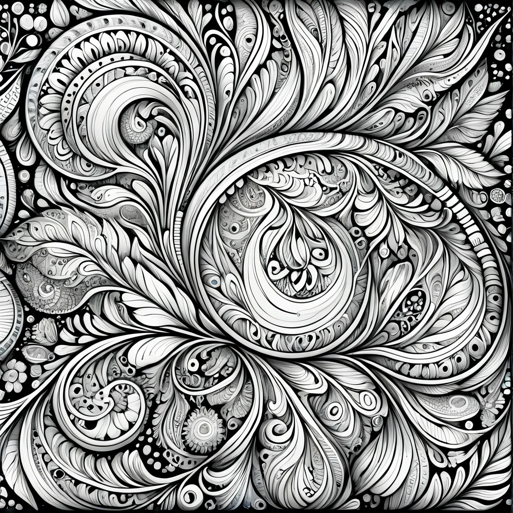 Coloring book,A black and white painting with lots of paisley patterns, Complex detailed drawings, Dense line drawing, detailed intricate illustrations, Complex Pattern 4k, Detailed 4K drawings, Detailed complex sketches, intricate detailed illustration, Detailed line drawing, intricate detailed illustration, Detailed and complex images, Complex Line Drawing, Complex Line Drawing, めちゃくちゃDetailed line drawing, Thick lines very detailed