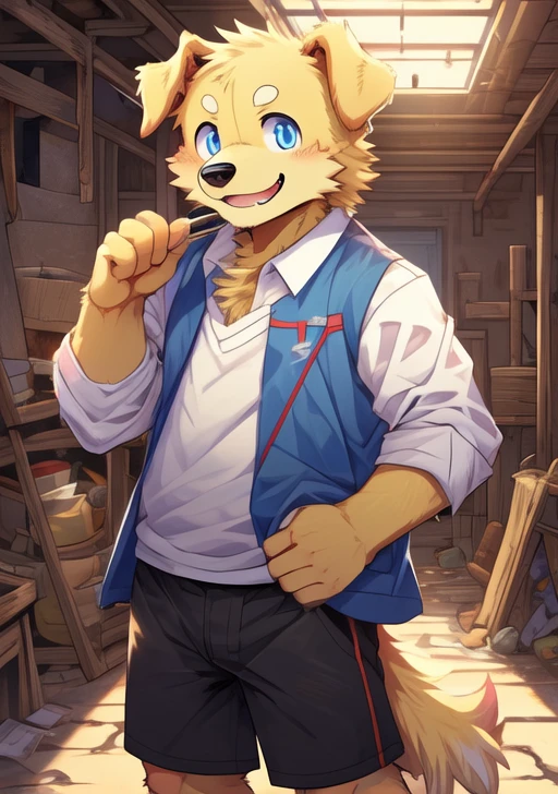 masterpiece, high quality,  number \(artwork\), From Dagashi, Yes,Qingshan,basement，(蓬松的fur:1.1),Anthropomorphic male dog. young，Handsome，(blue Eye,Golden Retriever，fur, Body hair,， Dog nose:1.2),Smile，bright ，confidence，Black shorts，White vest，charming， Eye,panoramic,