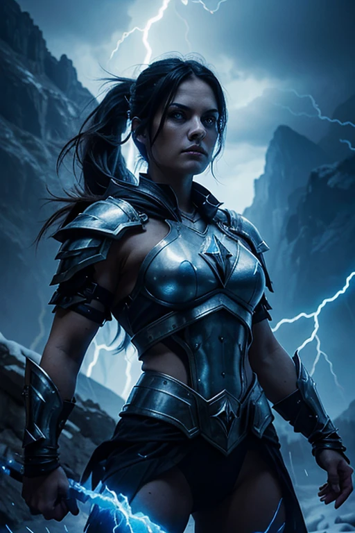 evil beautiful and muscular, Nordic female, towering storm Giantess with blue black hair in a ponytail, older and mature woman, throwing a lightning ball, glowing tattoos, wearing steel runic plate mail Armour , temple cave background with lightning storm, glowing blue eyes, square jaw, powerful and imposing, winter clothing