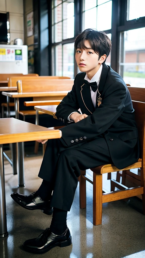 Cinematic Photo of a beautiful korean school boys, high quality, masterpiece, long hair, black shoes, sit in cafe