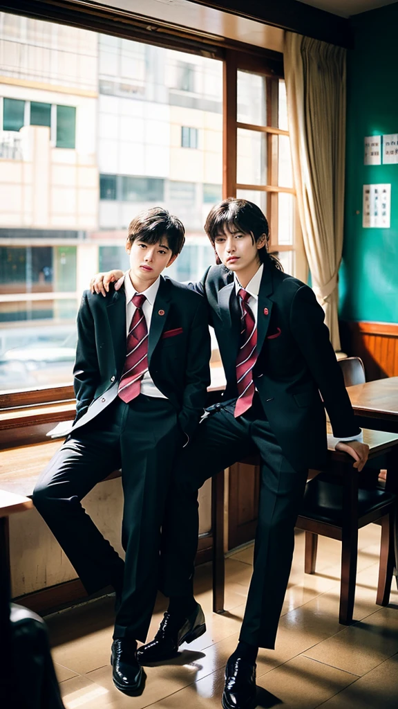 Cinematic Photo of a beautiful korean school boys, high quality, masterpiece, long hair, black shoes, sit in cafe