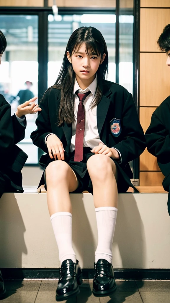 Cinematic Photo of a beautiful korean school boys, high quality, masterpiece, long hair, black shoes, sit in cafe