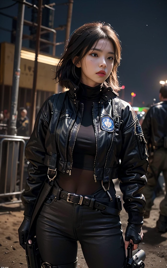 ((Highest image quality, Excellent details, RAW photos、Ultra-high resolution)), (realism: 1.4), Favor the details, Shiny beautiful girl, Beautiful face, ((Cowboy shooting)), (very cool expression、nervous、adrenaline、Super cool woman), (Black leather jacket、blue、Special Forces、, Black and gray mech, Wearing military suspenders, Own a machine gun,Rich in details), (A large number of devices、Magazine、Night Vision Goggles、gun holster、)、((Secret base underground、Fighting Stance、Shootout))