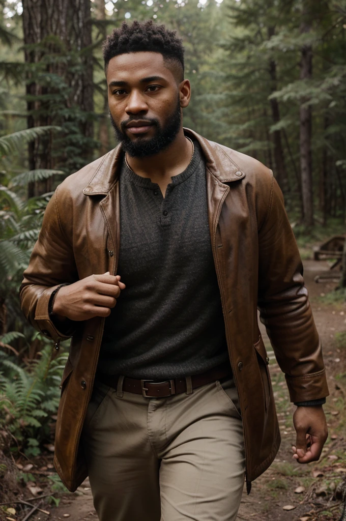 Create a high-quality and realistic image of a young black man with short hair and an imposing beard. He should have a determined smile and fierce, penetrating golden eyes, dressed in adventurer-style clothing reminiscent of Indiana Jones, with leather details and utility accessories. The young man should have an athletic body and be in a wilderness setting, with dense vegetation and natural elements in the background. Use detailed textures for the skin, hair, beard, and clothing of the young man. Specify a cinematic lens with a shallow depth of field to focus on the young man and create a blurred background that highlights the wilderness setting. Use natural and realistic lighting to enhance the features of the young man and the atmosphere of the environment. Negative prompts: no body deformities, no unnatural proportions, no low-quality textures, no unrealistic lighting.