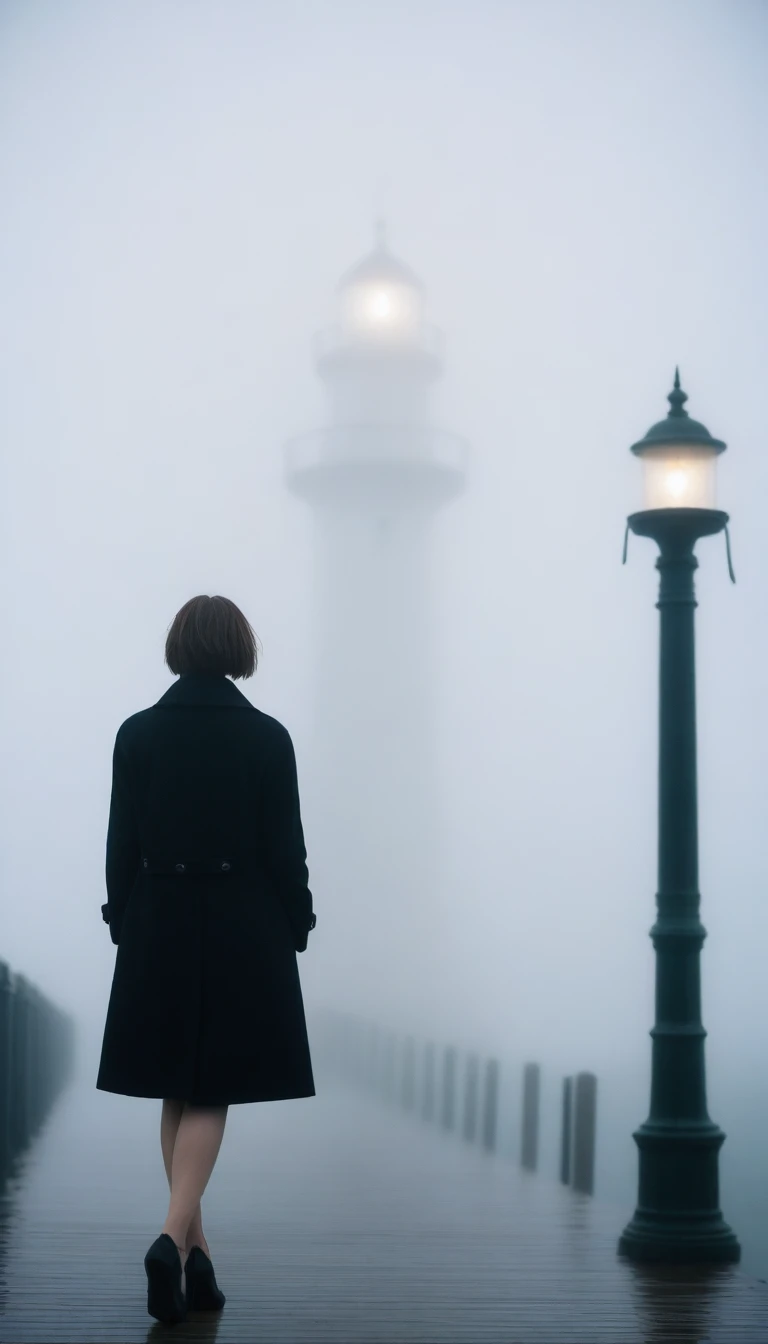 girl, Short hair, Black coat, cool,rain,blur,Fog,middle,cool,boring,,pier,only, lighthouse in the distance,Coast, Street lamp, The dim light shines in the Fog,and the figure stands in the Fog holding an