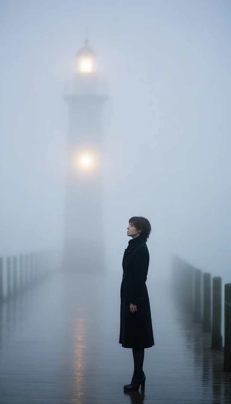 girl, Short hair, Black coat, cool,rain,blur,Fog,middle,cool,boring,,pier,only, lighthouse in the distance,Coast, Street lamp, The dim light shines in the Fog,and the figure stands in the Fog holding an