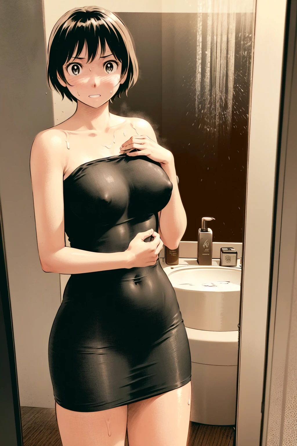 、(masterpiece、Highest quality)、Highest quality, Ultra-high resolution, (((masterpiece))), alone, Sweat、Big eyes, Composition from the front、Shortcuts、Embarrassed face、Bronze colored hair、Cut your hair short、Bathroom、Shower scene、 Expose、Completely naked、pubic hair、belly button、Large areola、Nipples、short hair
