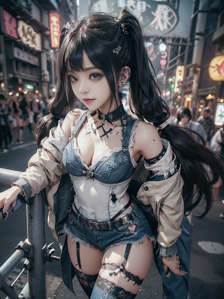 (Full Body View:1.2)、(Side view:1.2)、(Smiling with teeth showing:1.3),(Shibuya Gal:1.5)、(Hostess:1.4)、(gothic fashion:1.5)、(Punk RockVisual Kei:1.3)、(Futuristic baby doll in black, white and denim:1.5)、(A delicate jacket in denim, beige and navy:1.5)、(Denim garter belt:1.5)、(Denim and black and white bodysuit:1.4)、(Heart-shaped silver accessories:1.5)、(Brown Skin Belt:1.4)、(Blue High Heels:1.4)、(Lace patterned underwear:1.4)、20-year-old、NSFW,((Highest quality、In 8K、masterpiece:1.3))、Sharp focus:1.2、(Layered Cut、Beautiful boobs:1.1),Beautiful woman with perfect figure:1.4、(Doing an aerobics pose:1.3)、Slender Abs:1.2、Butt、Highly detailed face and skin texture、Detailed eyes、double eyelid,(Twin tails:1.3)、(Black brown hair:1.3)、Obscene、Gravure idol、(Luxurious amusement park at night:1.3)、(Make your legs thinner:1.4)、(Thin thighs:1.4)、(Slim body:1.3)、(clavicle:1.1)