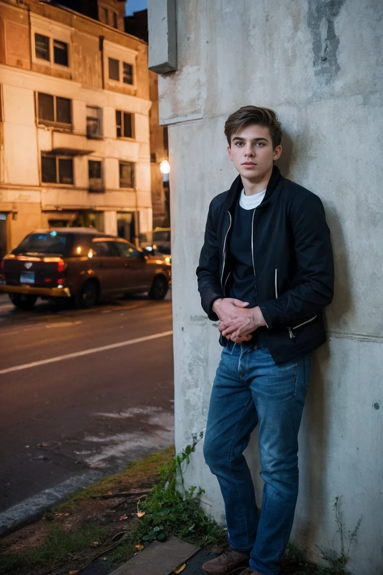 Realistic photo of solo handsome teenage men ,Standing on the wall of an abandoned building ,night