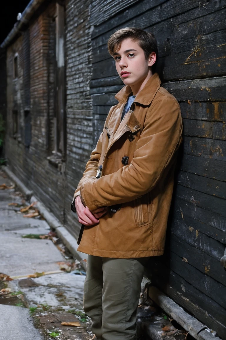 Realistic photo of solo handsome age men ,Standing on the wall of an abandoned building ,night