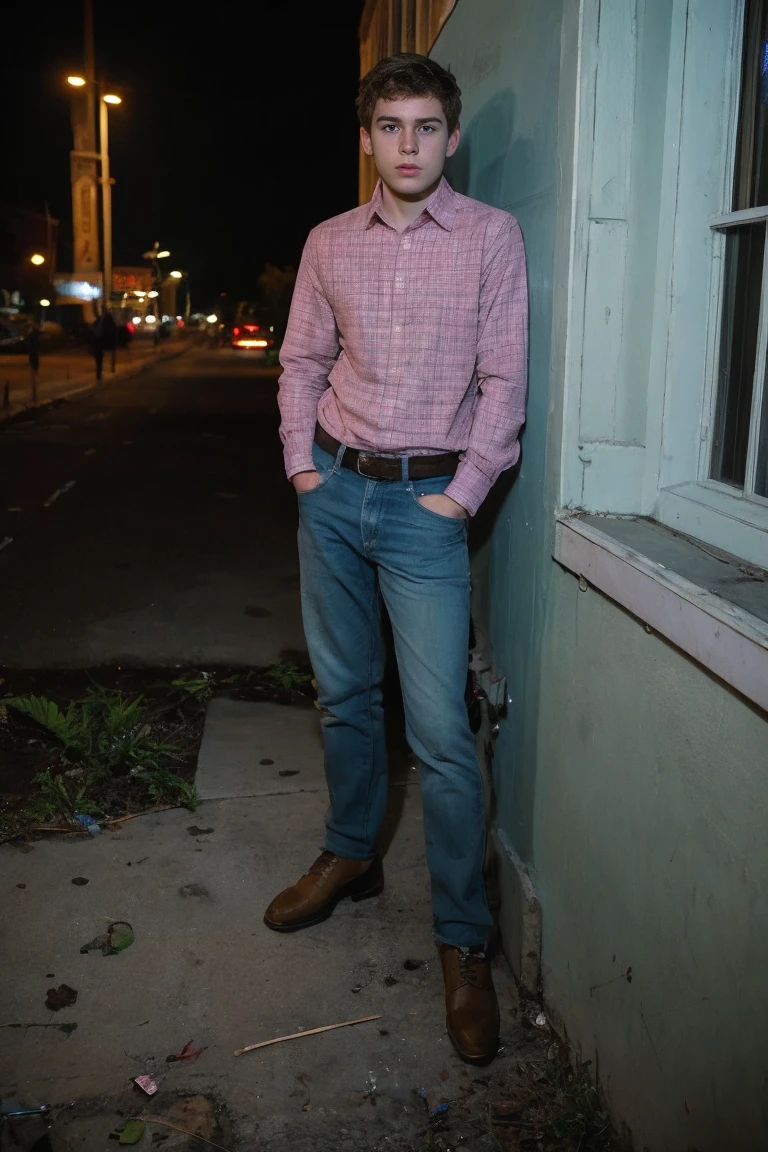 Realistic photo of solo handsome age men ,Standing on the wall of an abandoned building ,night
