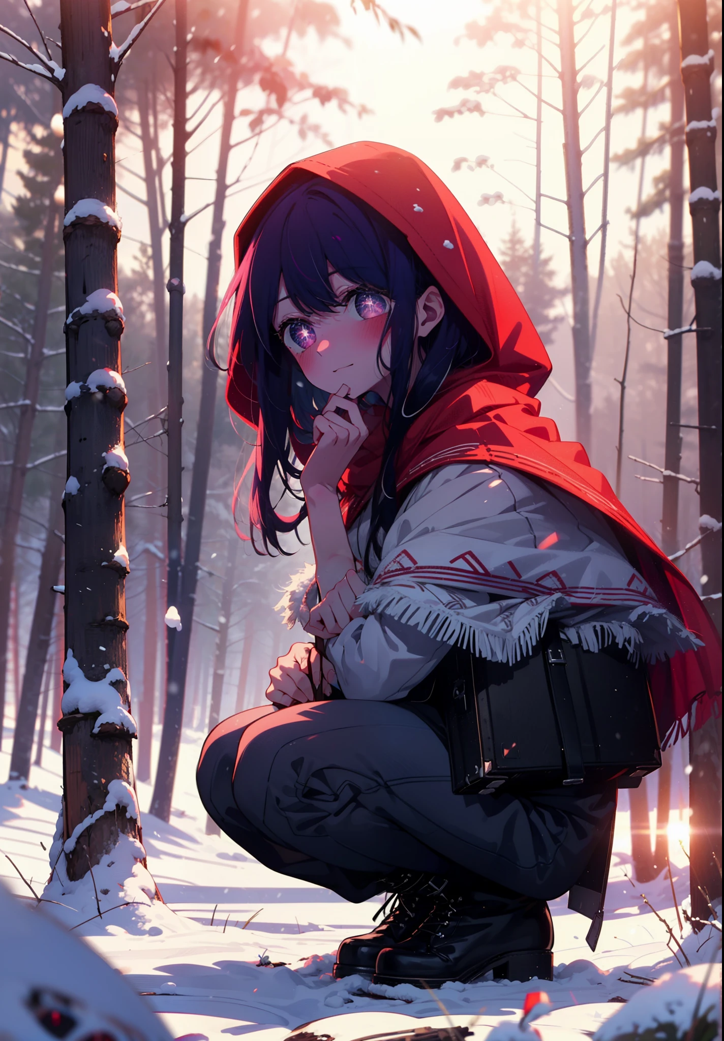 aihoshino, Ai Hoshino, Long Hair, bangs, (Purple eyes:1.1), Purple Hair, (Symbol-shaped pupil:1.5), smile,,smile,blush,White Breath,
Open your mouth,snow,Ground bonfire, Outdoor, boots, snowing, From the side, wood, suitcase, Cape, Blurred, , forest, White handbag, nature,  Squat, Mouth closed, Cape, winter, Written boundary depth, Black shoes, red Cape break looking at viewer, Upper Body, whole body, break Outdoor, forest, nature, break (masterpiece:1.2), Highest quality, High resolution, unity 8k wallpaper, (shape:0.8), (Beautiful and beautiful eyes:1.6), Highly detailed face, Perfect lighting, Highly detailed CG, (Perfect hands, Perfect Anatomy),