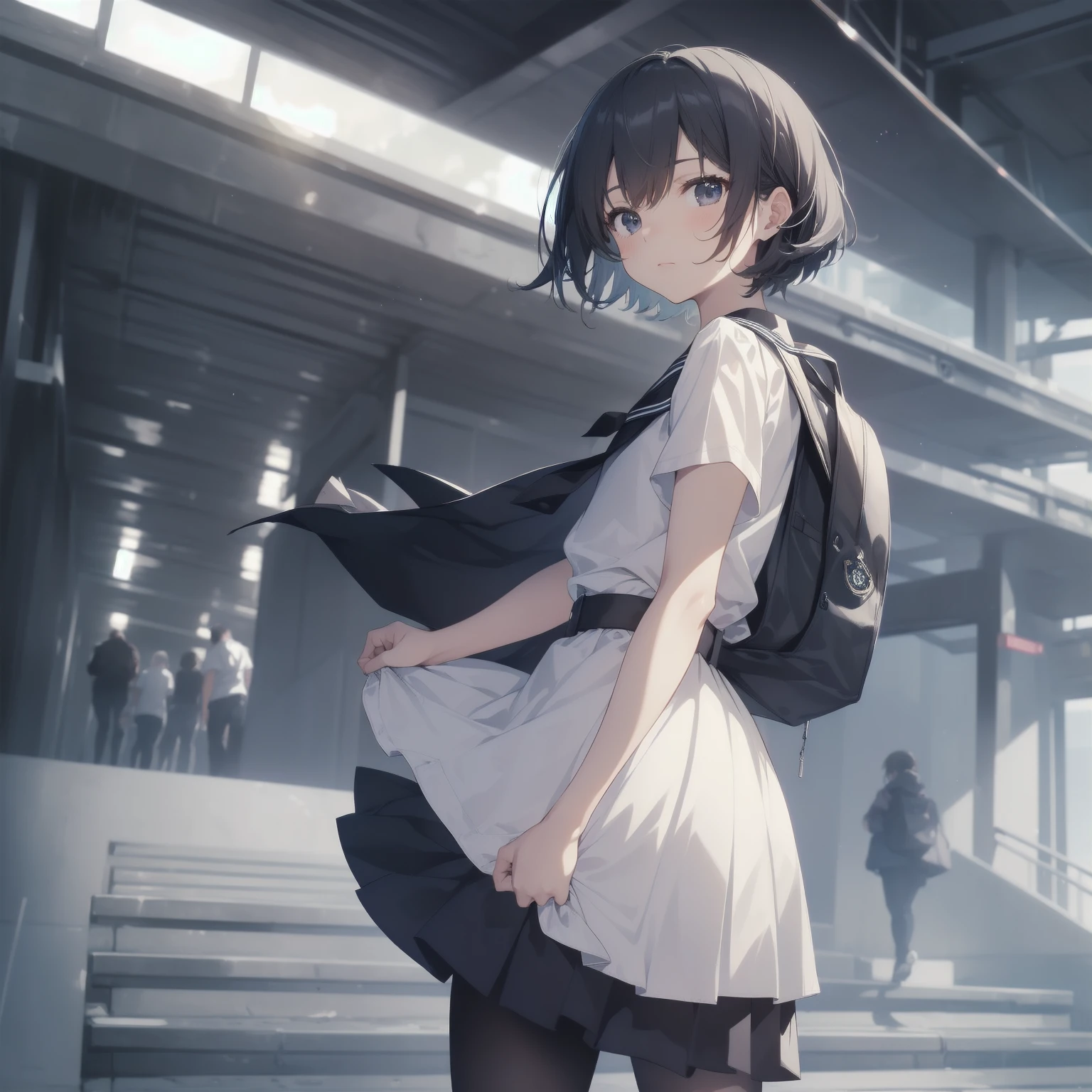 ultra-absurdres-Top quality by artist God, ultra-detailed, high resolution, anime moe artstyle, best anime 8k konachan wallpaper, pixiv contest winner, pool:2810, perfect anatomy,break, 1girl, (Please draw a girl walking sleepily to school alone. )break,(Solo,little female, -yeld:1.Full limbs, complete fingers,a junior hihort hair), short cut, flat chest, , small butt, small black eyes, beautiful detailed eyes, well-proportioned iris and pupils, expressive eyes, highres detailed hair, soft expression, salor school_uniform, sailor collar, serahuku, bow, pleated skirt,(Detailed Lighting), (Detailed background), in the School commute route. break,super detailed skin, Best cinematic lighting powered by famous artist, 8k,beauty illustration,photoshop_(medium),very aesthetic,break,((artist:miyo_(ranthath) )), artist:clamp ,artist:carnelian ,artist:kantoku ,