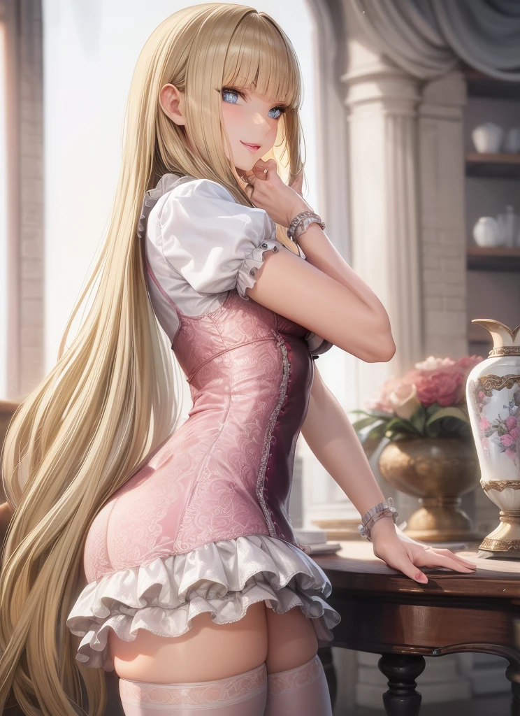 perfect eyes:1.2, detailed eyes:1.4, Emilie T8, blunt bangs, blue eyes, long hair, blonde hair, thighhighs, pink frilled dress, frilled ascot, fingerless gloves, smile, red eyeshadow:1.2, makeup:1.2, cowboy shot, 1girl, solo, (masterpiece:1.6, best quality), 8k, insane details, intricate details, hyperdetailed, hyper quality, high detail, ultra detailed, professional, HDR, ray tracing reflection, cinematic lighting,