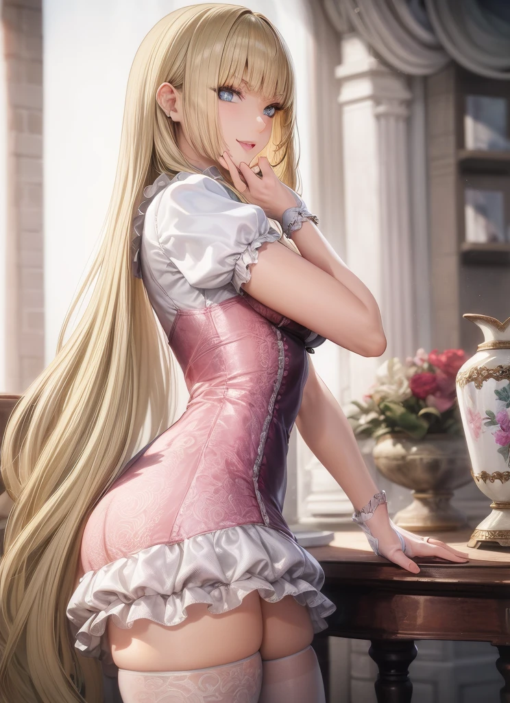 perfect eyes:1.2, detailed eyes:1.4, Emilie T8, blunt bangs, blue eyes, long hair, blonde hair, thighhighs, pink frilled dress, frilled ascot, fingerless gloves, smile, red eyeshadow:1.2, makeup:1.2, cowboy shot, 1girl, solo, (masterpiece:1.6, best quality), 8k, insane details, intricate details, hyperdetailed, hyper quality, high detail, ultra detailed, professional, HDR, ray tracing reflection, cinematic lighting,