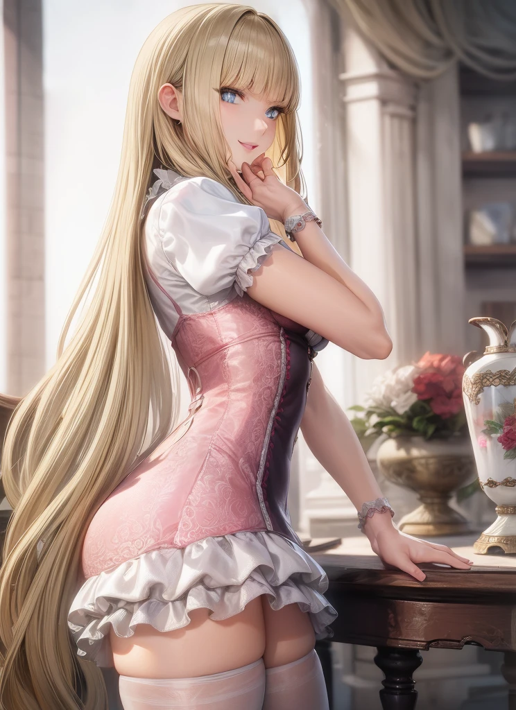 perfect eyes:1.2, detailed eyes:1.4, Emilie T8, blunt bangs, blue eyes, long hair, blonde hair, thighhighs, pink frilled dress, frilled ascot, fingerless gloves, smile, red eyeshadow:1.2, makeup:1.2, cowboy shot, 1girl, solo, (masterpiece:1.6, best quality), 8k, insane details, intricate details, hyperdetailed, hyper quality, high detail, ultra detailed, professional, HDR, ray tracing reflection, cinematic lighting,