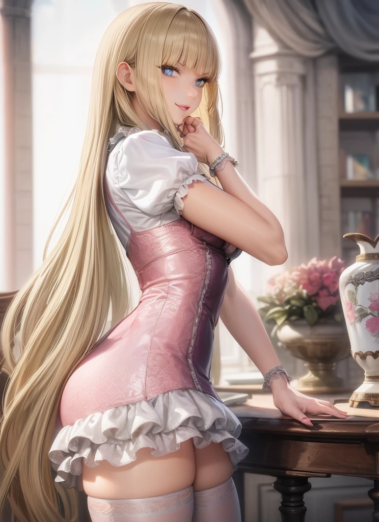 perfect eyes:1.2, detailed eyes:1.4, Emilie T8, blunt bangs, blue eyes, long hair, blonde hair, thighhighs, pink frilled dress, frilled ascot, fingerless gloves, smile, red eyeshadow:1.2, makeup:1.2, cowboy shot, 1girl, solo, (masterpiece:1.6, best quality), 8k, insane details, intricate details, hyperdetailed, hyper quality, high detail, ultra detailed, professional, HDR, ray tracing reflection, cinematic lighting,