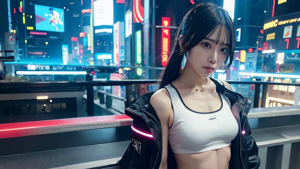 A Beautiful and cute woman, sexy and classy pretty Korean 26-year-old girl, (5'6 inches:1.0), (57kg:1.5), ((Realistic Young Sensual Gravure Idol)) ((K-Pop Idol:1.2) Very beautiful school girl,kpop idol, gravure idol, Very well-formed face, Heart-formed face, Very beautiful face, Lifelike fase, (sensual sexual face expresions), semi-long brown beautiful shiny hair, Detailed eyebrows, Eyes drawn in detail with soft white skin that shines with every detail, very beautiful eyes, clear eyes, Detailed mouth, Detailed lips, shiny beautiful lips, Glossy lips, Very well-formed body (beautiful medium breast, beautiful nipples), ((Ultra detailed skin)), ((Very slim and sexy slender healthy body:1.5)), (beautiful hips, beautiful medium ass beautiful legs), Posing Seductive, (Seductive Hot Expression:1.5), ((Looking at Viewer:1.3)), Realistic photography, 8k, beautiful woman with long hair, beautiful body, wearing top and short, shredded clothes, science fiction, (((Woman standing with one hand touching the wall and the other on her hip, in a seductive pose.1.5))), slim belly, sexy belly, in front of a sci fi cityscape, futuristic city, ((cyberpunk:1.5)), full body shot, a vast cybernetic network metropolis. (neonlight:1.2),advertising billboard,Embedded LED shine. Future Vision, Excellent location,Features city views, enviroment: panoramic view of a city, ((skylines)