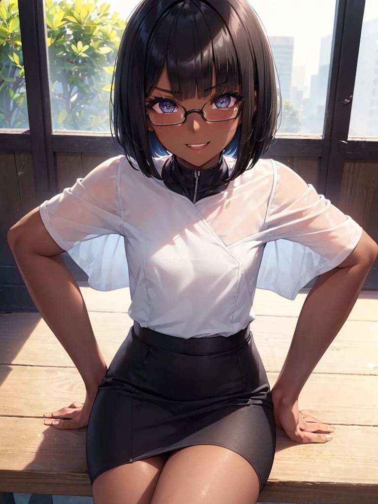 ((Best quality, 8k, Masterpiece: 1.3)), Sharp focus A beautiful woman with perfect body, Slim abdomen, ((Layered haircut: 1.2)), (White shirt), (Street: 1.2), Highly detailed face and skin texture, Detailed eyes, Double eyelid dark skin, tanned body, shy expression, wearing glasses, alluring expression , wearing sweater, potrait, black hair
