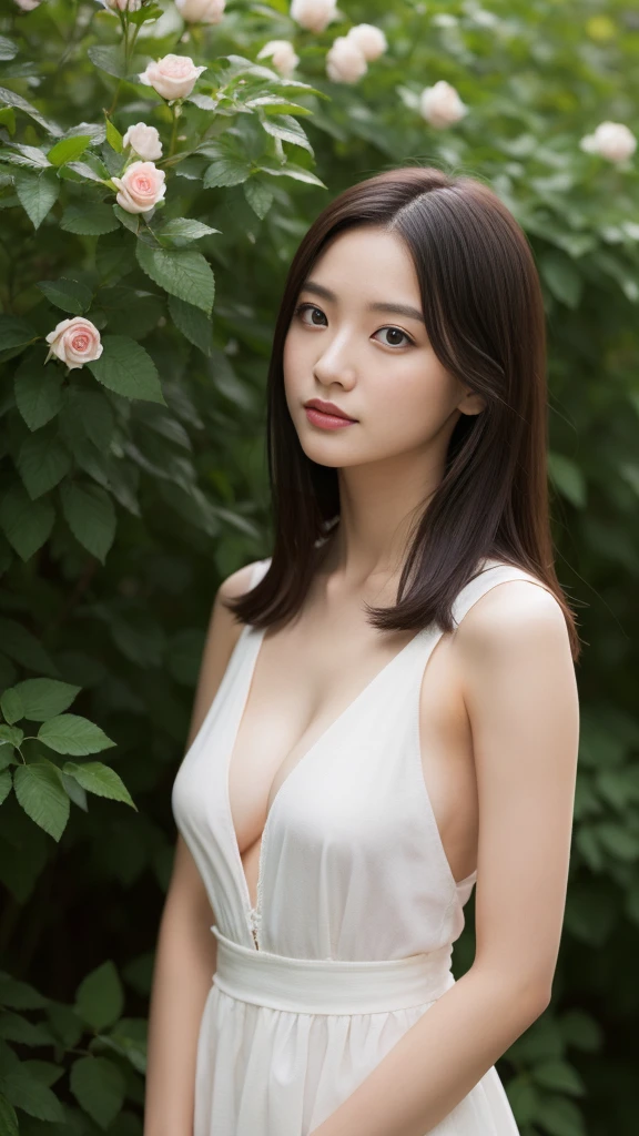 (woman、22 years old)、(Medium breast、Average bust size:1.3)、Rose Garden、Many roses in the background、 ((grab the viewer&#39;s hand))、(masterpiece: 1.3)、(Maximum resolution: 1.4)、(ultrahd: 1.2)、Cinematic light、(Detailed eyes and skin)、(Detailed facial features)、8K resolution、Perfect Style、Beautiful Face、Highly detailed face and skin texture、Detailed eyes、double eyelid、（Eyeshadow and eyeliner:1.2)、Thin cheeks、(White skin:1.5)、Shiny Earrings、Red lipstick:1.2、Glossy Lips:1.2、((Full Body Shot:1.2))、((From a very intimate distance:1.2))、((Navy knit dress))、High heels、(Layered Hairstyles、Brown Hair)、Medium length hair、high resolution、Highest quality、Clear photos、Japanese actress、Slim figure、Portrait、Long Shot、Depth、Lifelike skin texture、Outdoors、Perfect proportions、Perfect limbs、8th life、A well-balanced body、RAW Photos