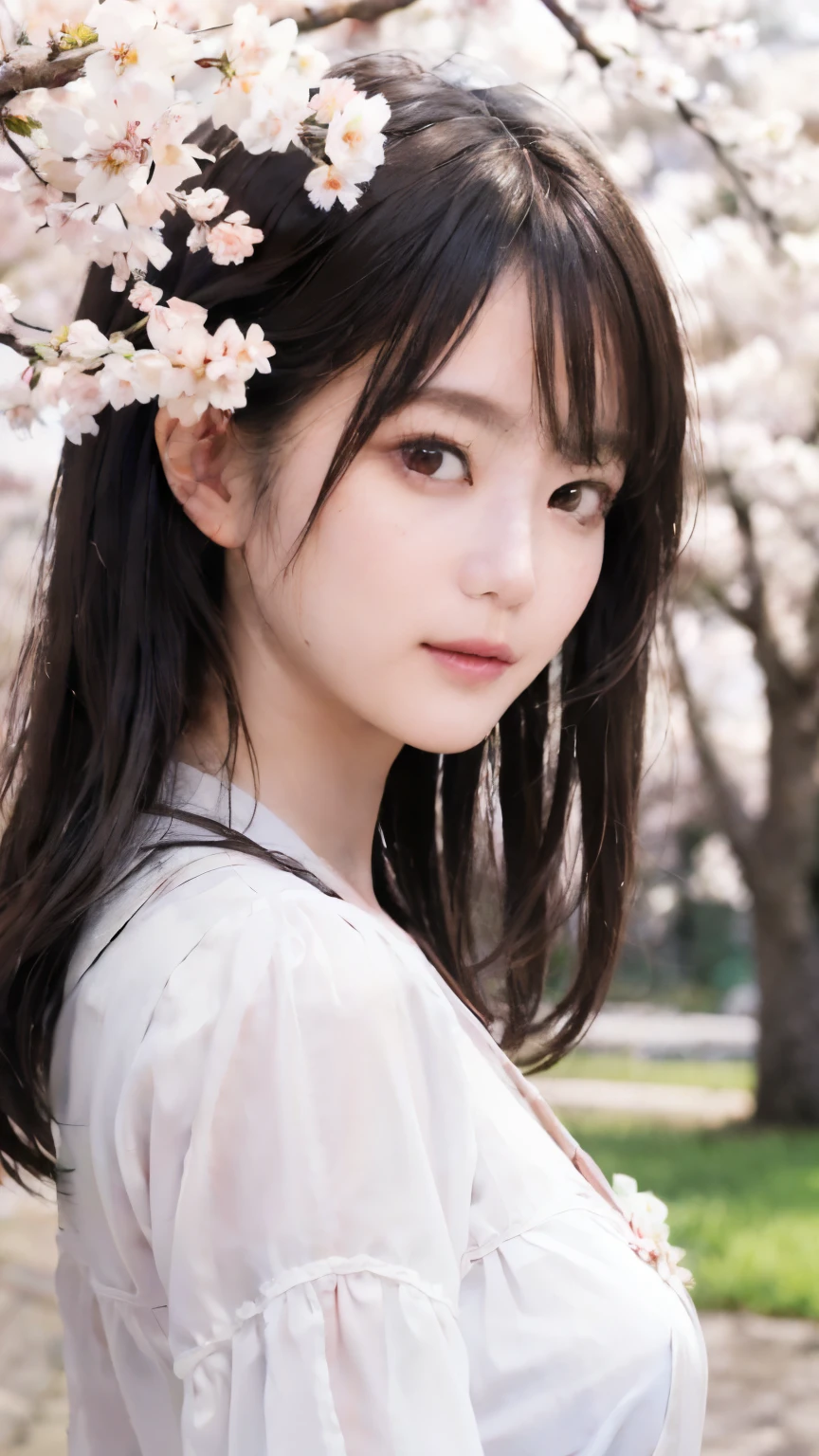 (logo、masterpiece、8K、table top、raw photo、fantastic、best quality、realistic、very detailed CG 통합 8k 벽지、high quality、very detailed、epic、particle effects、Dynamic effects、depth of field、cinematic light、lens flare、ray tracing)、fancy、 (Beauty 1 person、white japanese clothing、japanese dress、white cherry blossom pattern、white cherry blossom embroidery pattern、black hair、beautiful face、real face、Beautiful eye for detail、beautiful skin)、Hair flutters in wind、hair jump、pink cherry blossom tree、petals are fluttering、sakura blizzard、superb view、Morning glow、with the sun in the background、wind、gods、tusk、myth、vast land、