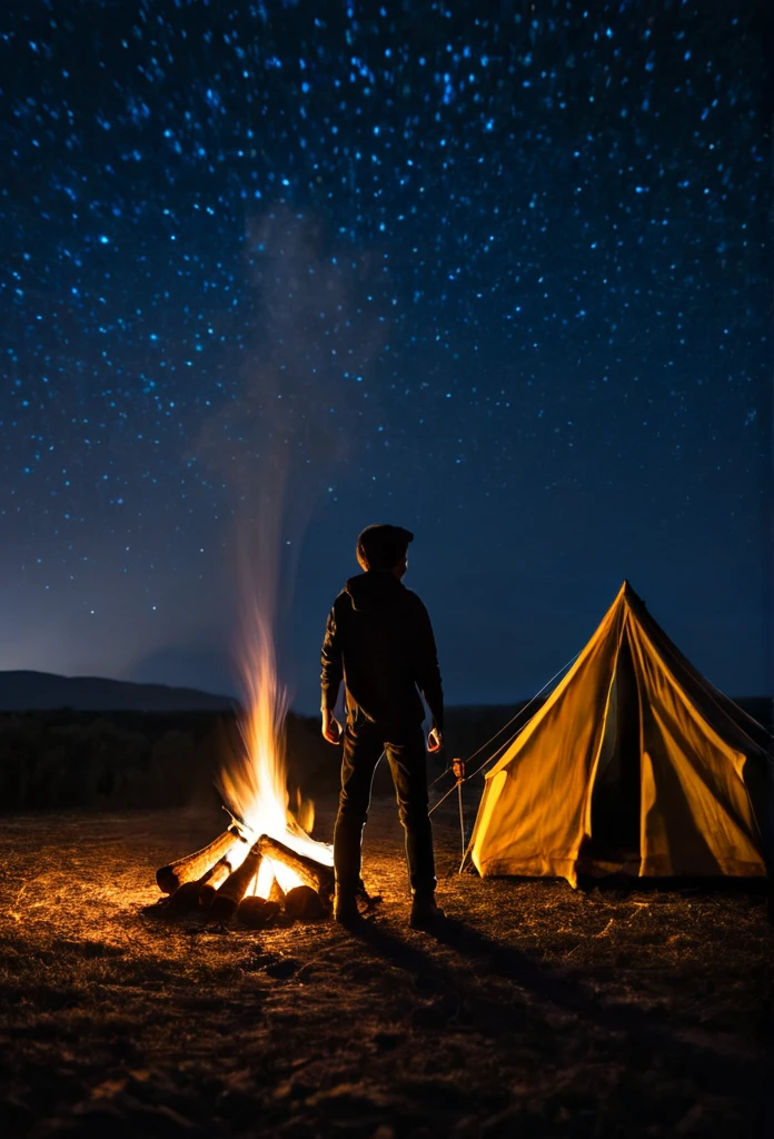 1boy, solo, standing, male focus, outdoors, sky, from behind, night, fire, star \(sky\), night sky, scenery, smoke, starry sky, dark, tent, campfire