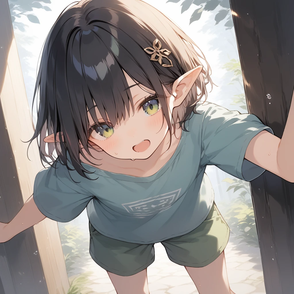 score_9, score_8_up, score_7_up, source_anime, best quality, masterpiece, official art, absurdres, highres, ultra-detailed,waifu2x,Collection: Slice of Life,break,1girl, elf, short hair, slender, flat chest, beautiful detailed eyes, green shorts, sweat, open mouth, (yawn:0.3), sleepily, outdoors, forest,break,(clear line illustration:1.2), super detailed skin,very high resolution, very aesthetic, Best sexual lighting powered by famous artist, 8k,cute picture,beauty illustration,photoshop_(medium),,(Detailed Lighting),best anime 8k konachan wallpaper, pixiv contest winner,