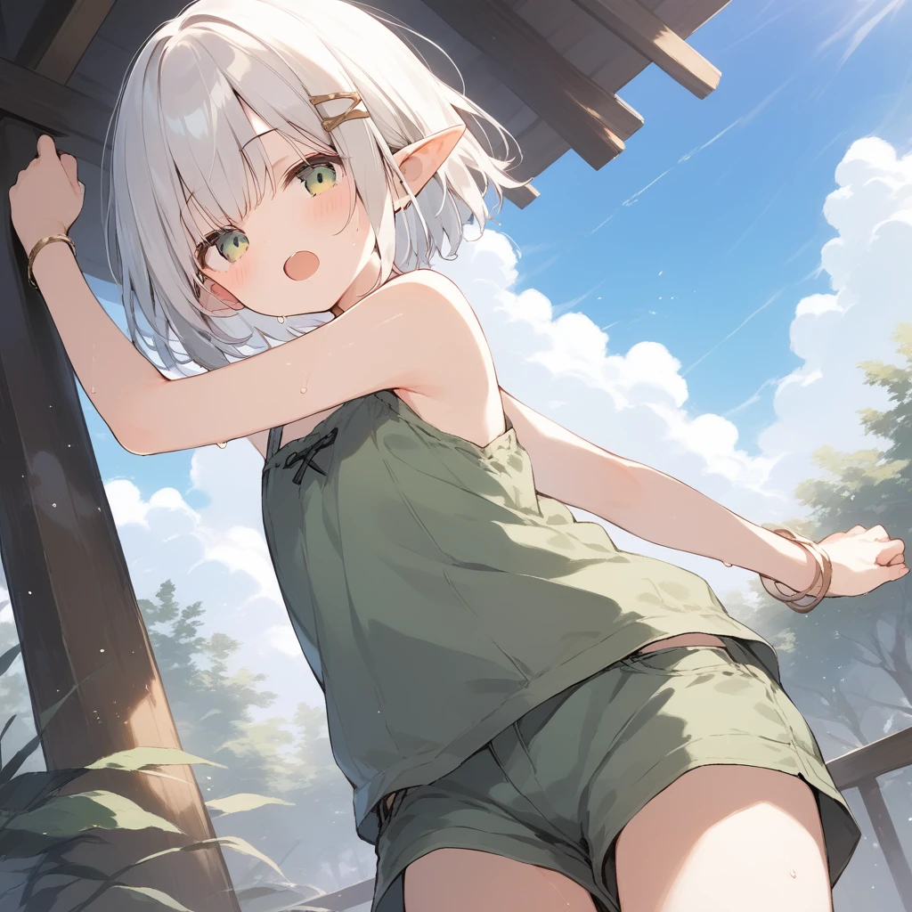 score_9, score_8_up, score_7_up, source_anime, best quality, masterpiece, official art, absurdres, highres, ultra-detailed,waifu2x,Collection: Slice of Life,break,1girl, elf, short hair, slender, flat chest, beautiful detailed eyes, green shorts, sweat, open mouth, (yawn:0.3), sleepily, outdoors, forest,break,(clear line illustration:1.2), super detailed skin,very high resolution, very aesthetic, Best sexual lighting powered by famous artist, 8k,cute picture,beauty illustration,photoshop_(medium),,(Detailed Lighting),best anime 8k konachan wallpaper, pixiv contest winner,