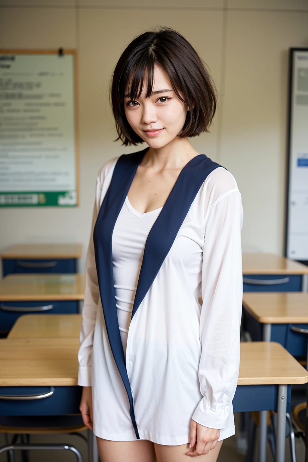 a sailor suit, Realistic，Top quality, 1 beautiful woman, super short Hair, shy-smile, at classroom