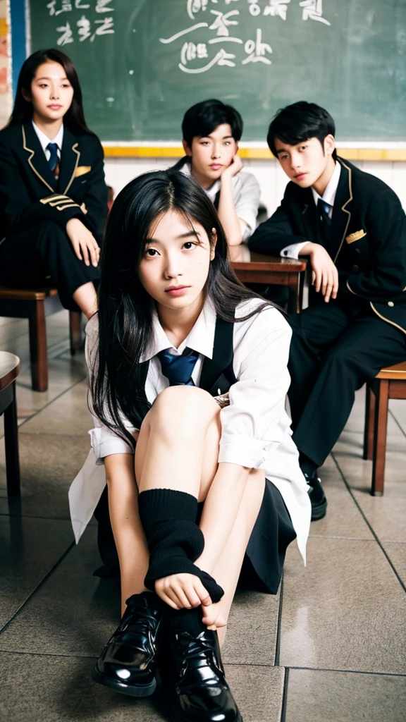 Cinematic Photo of a beautiful korean school boys, high quality, masterpiece, long hair, black shoes, sit in cafe