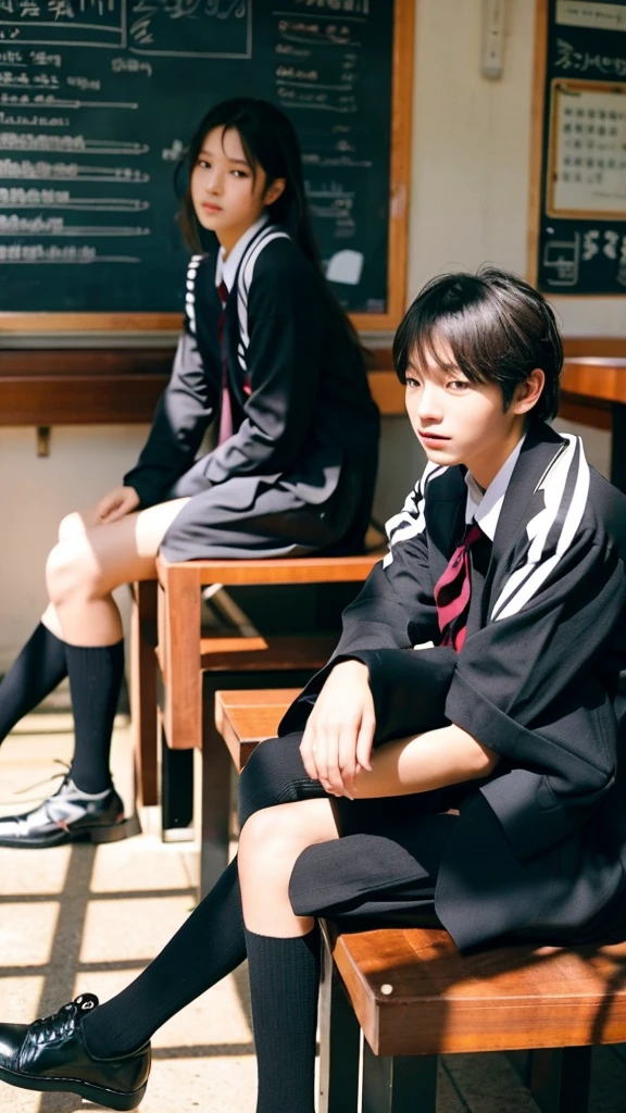Cinematic Photo of a beautiful korean school boys, high quality, masterpiece, long hair, black shoes, sit in cafe
