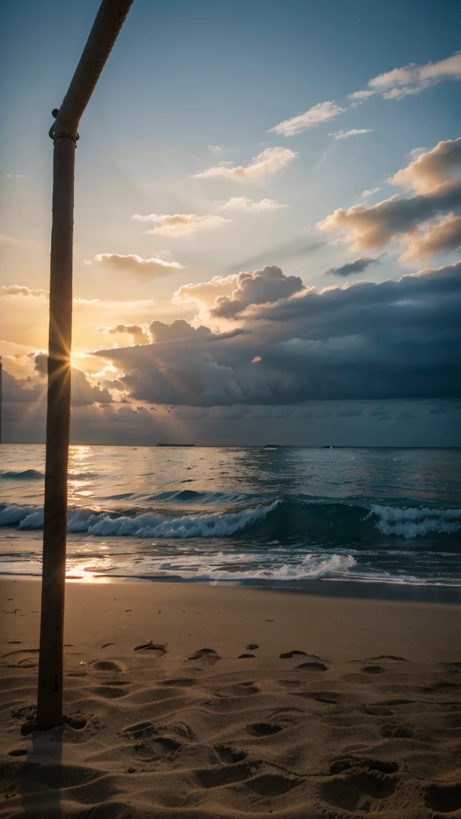 8k Glowing dark sky beach, beach side Sun rising, Wood swing at beach, 4k detail. cinematic shoot, high detail water, ultra detail, real-time shoot, realistic beach.