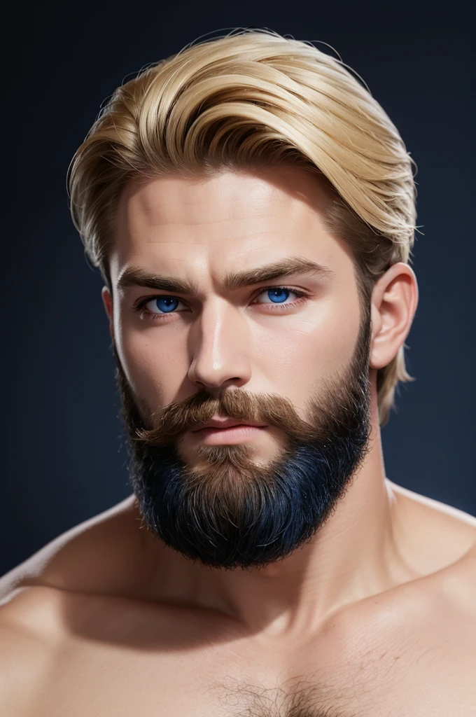 navy blue background. shadowed face, man with short, side-swept hair, bearded, blonde and blue eyes, strong muscular
